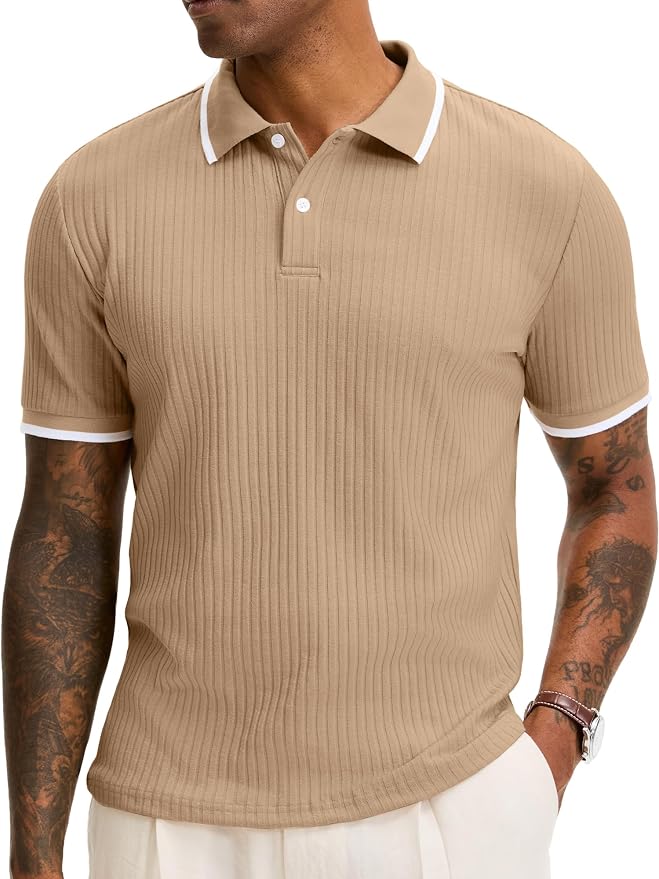 Comdecevis Men's Regular Fit Short Sleeve Knit Polo Shirts | Business casual, lightweight, breathable, stretch textured fabric, moisture wicking, easy care