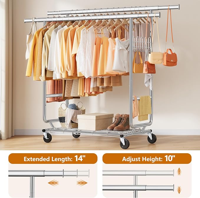 Gewudraw Clothes Rack Heavy Duty Load 900 Lbs With Wheels,Commercial,Chrome | Double Rod Rolling Clothing Rack, Adjustable | Portable | Collapsible, Hooks,Shelf,Garment Rack for Wardrobe,Bedroom,Silver