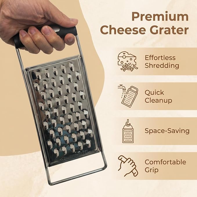 NACOLUS Stainless Steel Cheese Grater with Ergonomic Handle - Coarse Kitchen Grater & Shredder for Parmesan, Vegetables, Chocolate - Classic Design, Dishwasher Safe, Easy Grip (Coarse Grater)