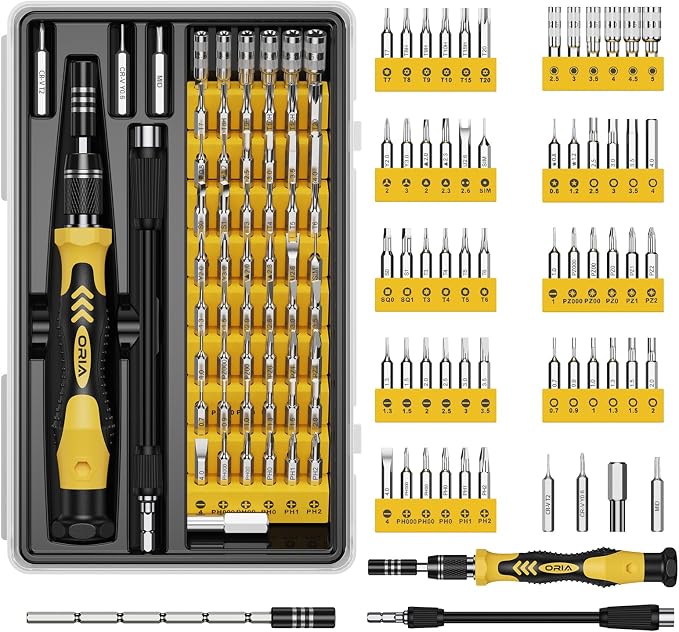 ORIA Small Screwdriver Set, 61 in 1 Precision Screwdriver Set with 57 Bits, Mini Screwdriver Repair Tools with Extension Rod for Mobile Phone, Game Console, Tablet, Yellow