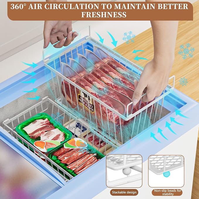 Enhanced Leak-Proof Bottom - Freezer Organizer Bins ，6 Pack Stackable Deep Freezer Organizer Bins for 7 Cu.FT Small Chest Freezer，organization and storage，pantry organizers(4 Pack-white)