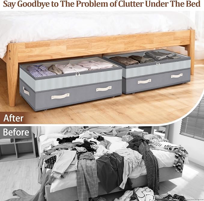 Dolicer 2 Pack Under Bed Storage with Wheels, 6in-10in Height Adjustable Underbed Storage Containers, 92L XXXL Under Bed Drawers Rolling Bin with Clear Lids for Shoes Clothes Organizers(Gray Stripes)