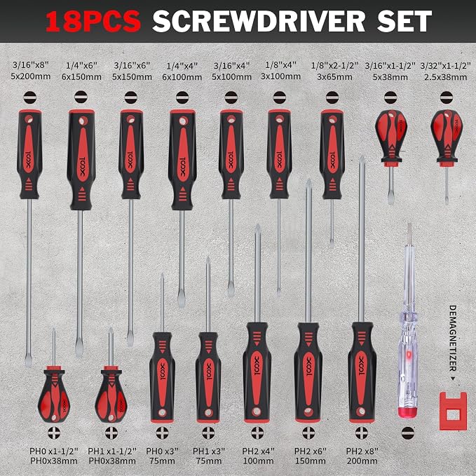XOOL 18 PCS Magnetic Screwdriver Set with Case, 7 Phillips and 9 Slotted Tips, Professional Cushion Grip Screwdriver Non-Slip for Repair Home Improvement Craft