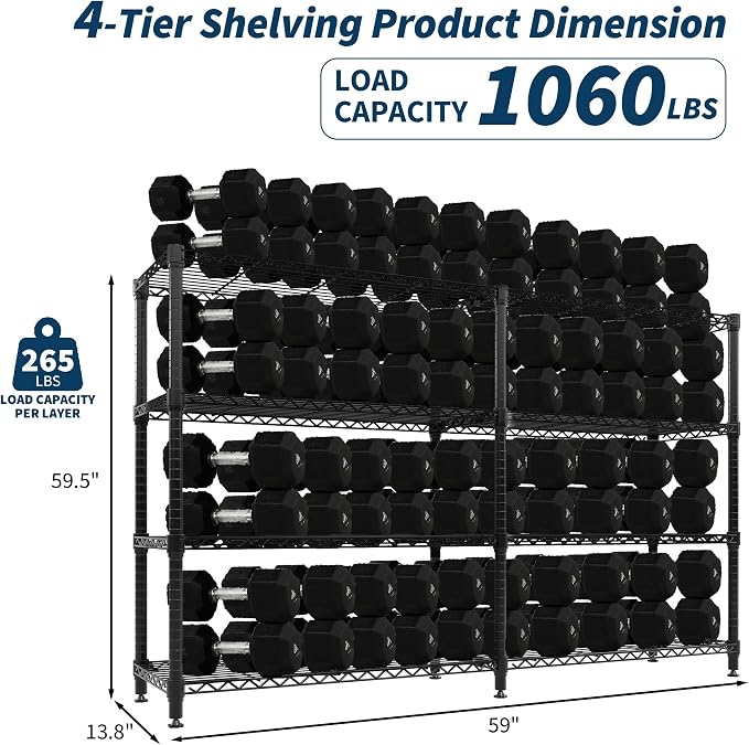 Garvee Metal Storage Shelves 4-Tier, Wire Shelving Rack 59"Wx13.8"Dx59.5"H, | Heavy Duty Load 1060LBS, Adjustable/L-shaped, Wire Rack, for Garage Kitchen Pantry Room Storage, Tool-Free Assembly, Black