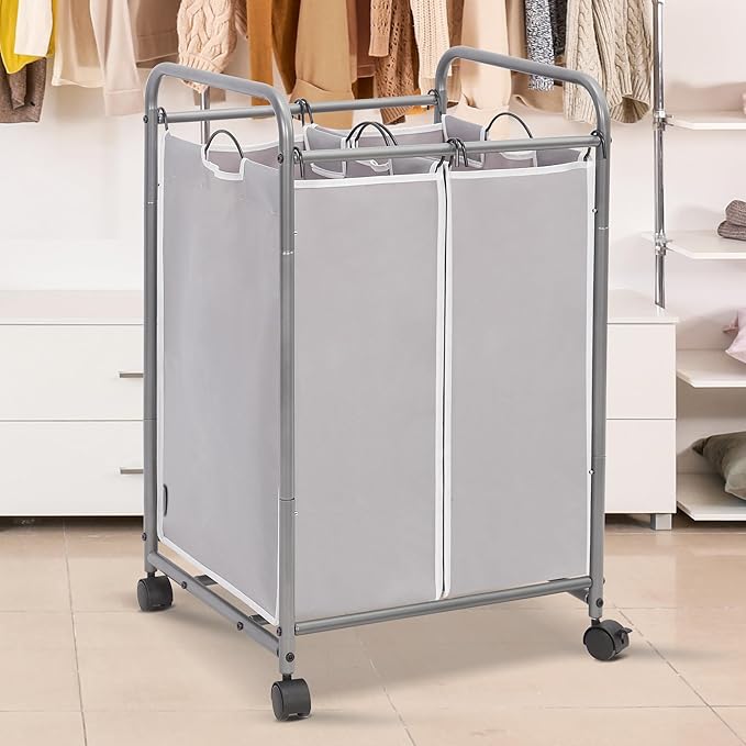 STORAGE MANIAC Laundry Sorter 2 Section, 90 L Gal Laundry Hamper with Wheels, Clothes Basket Separator Sorter, 2 Bag Rolling Cart and Removable Bags for Closet, Dorm, Collage, Grey