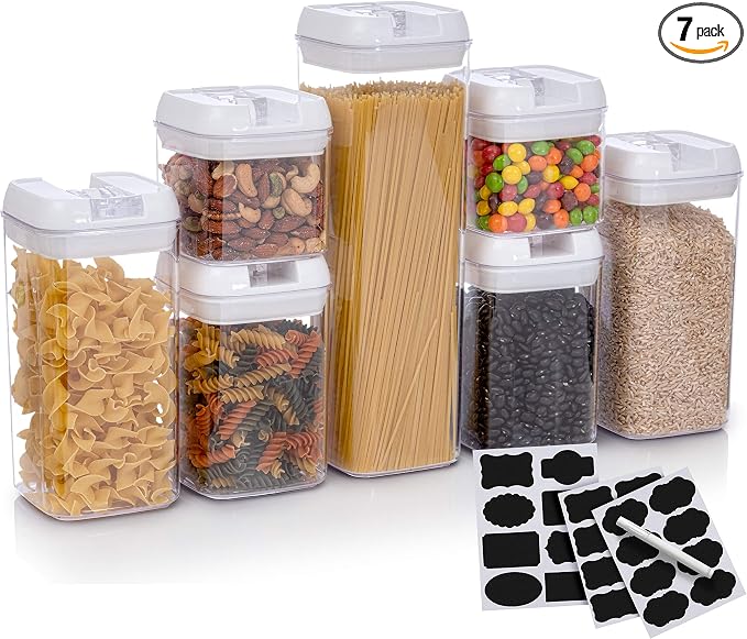 Set of 7 Airtight Food Storage Containers - Pantry Organizer Bins, BPA Free Plastic Containers plus Dry Erase Marker and Labels, White