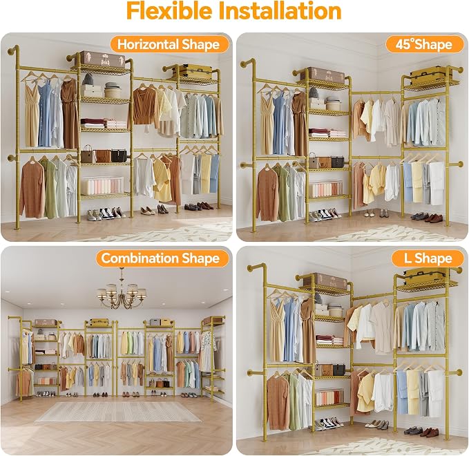 Higeego W4 Wall Mounted Clothes Rack, Industrial Pipe Clothing Rack, Garment Rack with 6 Hanging Clothes Rods Double Expandable Rods & 6 Adjustable Shelves, Heavy Duty Corner Wardrobe Racks, Gold