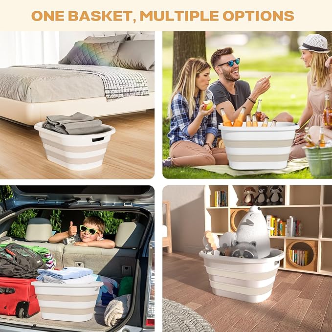 OOAMBB 43L(11.5Gallon) Collapsible Plastic Laundry Baskets (Beige, 2 Packs) | Pop Up Laundry hamper/Storage Container,Foldable Laundry Basket with Large Capacity,Sturdy,Space Saver
