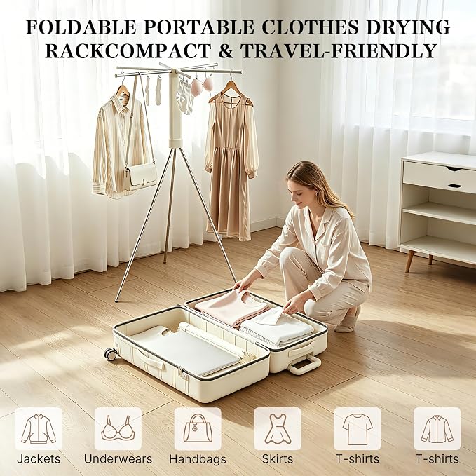 Foldable Clothes Drying Rack, Adjustable Windproof Laundry Drying Rack with Grooves & Clips, Outdoor Clothes Drying Rack Stand for Indoor Outdoor,Travel, Camping, Hotel, RV, Small Apartment