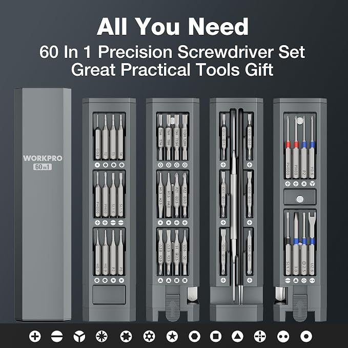 WORKPRO 60-in-1 Precision Screwdriver Set with Pop-up Magnetic Case, Well-organized CRV Small Screwdrivers, 360°Spin Mini Screw Driver Kit for Electronics, Phone, Computer, PC, Watch, Eyeglass