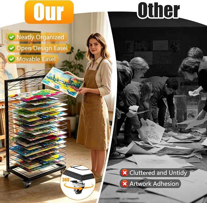 Art Drying Rack for Classroom – 18 Removable Shelves, Mobile Rolling Metal Painting Drying Rack with Locking Casters, Paint Rack for Art Studio, School & Home