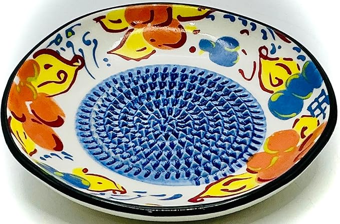 BonCera, All-in-one Premium Ceramic Garlic Grater Plate 4-Piece Set - Artisan Flower Blue Center Design - For Garlic, Ginger, Chocolate, and more! - Comes with 5" Plate, Peeler, Brush, and Stand