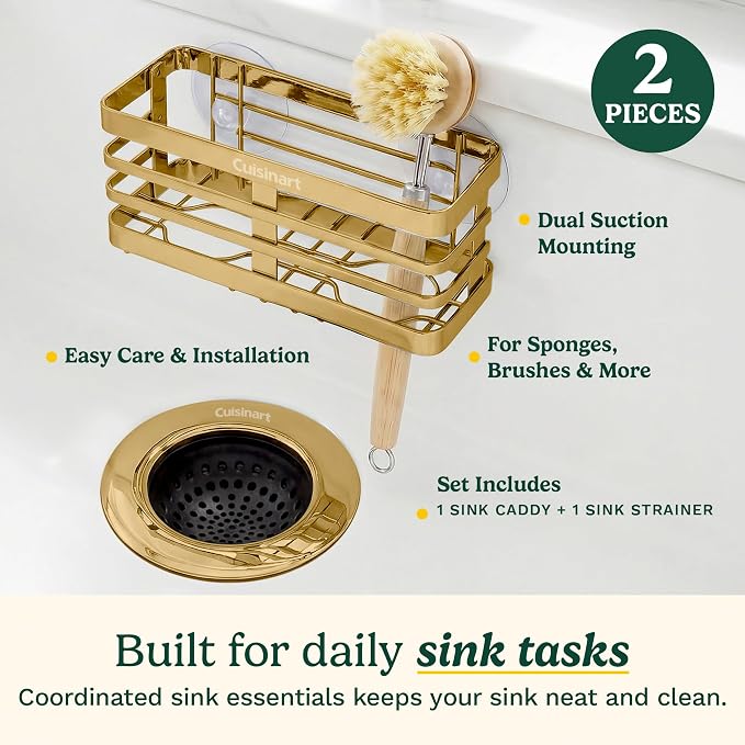 Cuisinart 2 Piece Sink Set – Sink Drain Strainer with Stainless Steel Rim & Silicone Mesh Base & Sponge Holder for Kitchen Sink, Metal Caddy with Triple Suction Cups, Daily Kitchen Essentials