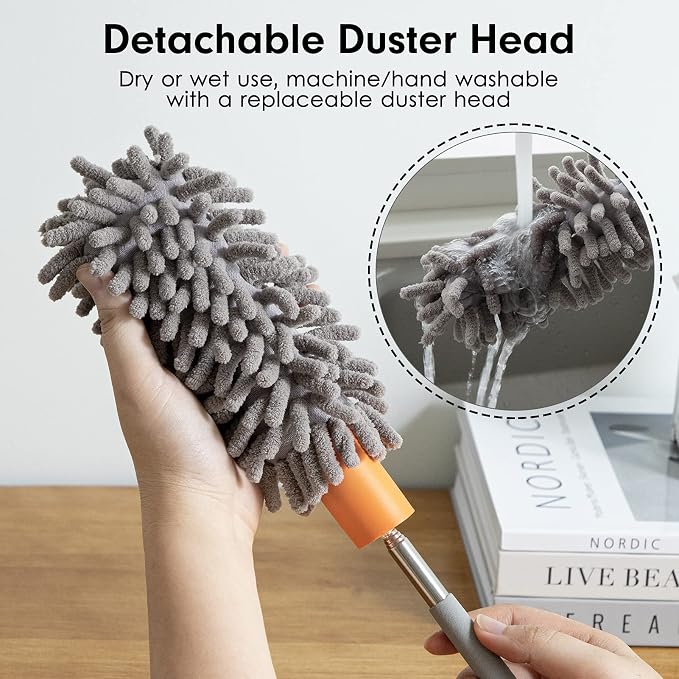 Duster for Cleaning, 10-29" Extension Pole, 2 Washable Heads, Grey | Microfiber Heads, Wet Or Dry, Detachable, Hand Washable, Easy Storage, For Cars, Offices, Windows, Furniture And Ceiling Fans