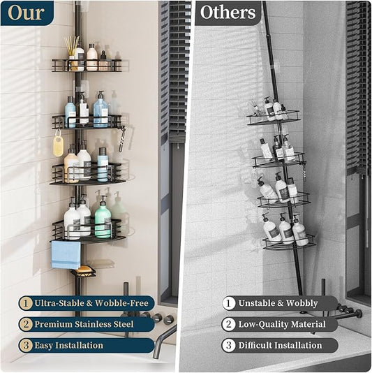 Consumest Corner Shower Caddy Tension Pole - Rustproof Shower Shelves with Towel Bar & Soap Holder, Adjustable Bath Organizer for Bathroom Storage, 27.6-108.3 inch, Black