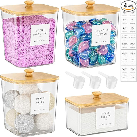 3+1 Pack Bamboo Laundry Pods Container, Clear Laundry Room Organization Containers,Large Laundry Detergent Powder Storage Containers Lids & Labels, Acrylic Laundry Pods Holder for Scent Booster