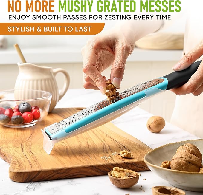 Spring Chef Premium Lemon Zester Grater with Handle - Fruits, Garlic, Chocolate, Ginger Grater - Heavy Duty Kitchen Tool - Stainless Steel Citrus Zester with Blade Cover - Fine Shred - Aqua Sky