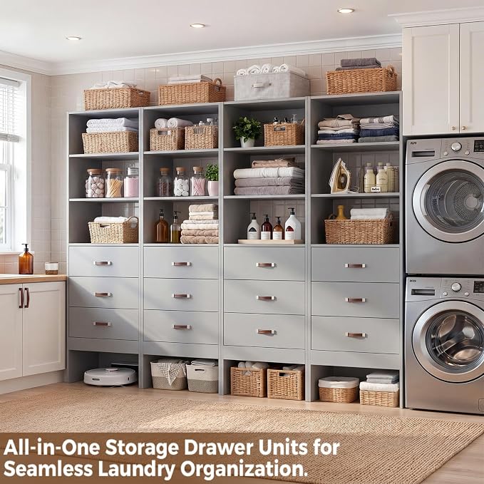 8FT Closet System with Leather Handles, 96" Walk-in Closet Storage Unit with Cabinet, Wood Wardrobe Closet Organizer and Storage with 12 Drawers, Set of 4, Grey