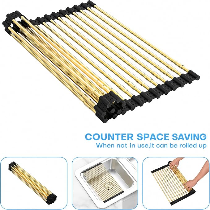 Expandable Roll Up Dish Drying Rack, Adjustable Large Over The Sink Rack Draining Rack (Max Extends to 21.26”) for Stainless Steel Sink Rack, Collapsible Rolling Up Rack 18 Tube for Kitchen, Gold
