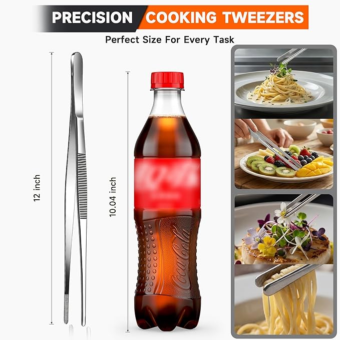 Kitchen Tweezers 1PC Cooking Tongs, Stainless Steel Food-Grade 12" Long Tweezers, Professional Heat Resistant Kitchen Utensils for Chef, Baking, Salad, Dishwasher Safe & Anti-Slip Grip Kitchen Tools