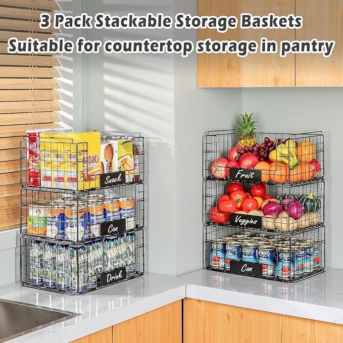 JKsmart 3 Pack XXL Stackable Wire Baskets with Handles for Pantry Storage and Organization, Fruit and Vegetable Basket with Name Plates, Metal Storage Bins for Snack Can Fruit Veggies, XXL