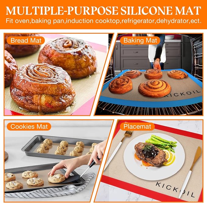 Silicone Baking Mats Set of 3, Non-Stick Reusable BPA-Free Oven Liners,100% Food-Grade Silicone Baking Sheets for Cookies, Macarons, Bread and Pastry,16.5'' x 11.6''(2 Half)&11.6' x 8,5''(1 Quarter)