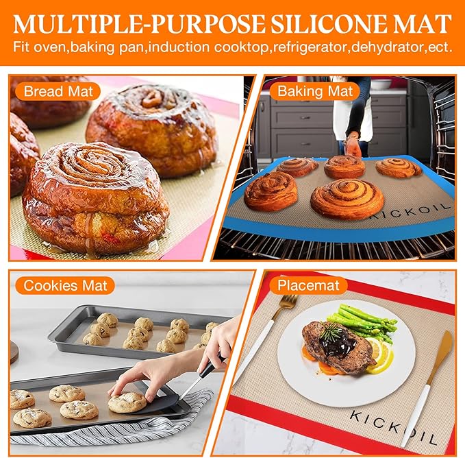 Silicone Baking Mats Set of 4, Non-Stick Reusable BPA-Free Oven Liners,100% Food-Grade Silicone Baking Sheets for Cookies, Macarons, Bread and Pastry,16.5'' x 11.6''(Half)