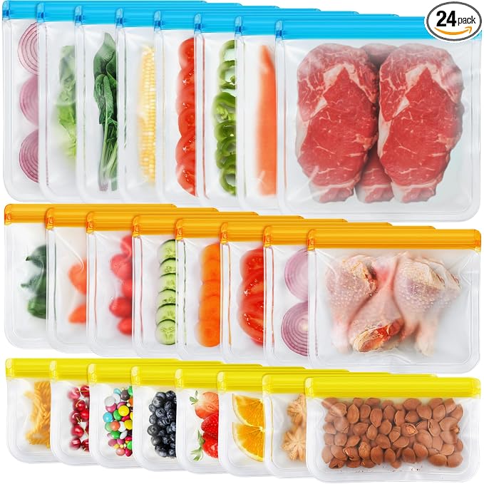 24 Pack Dishwasher Safe Reusable Silicone Bags - Leakproof Freezer Bags, BPA Free Food Storage for Lunch, Marinate, Travel - 8 Gallon, 8 Snack, 8 Sandwich Bags