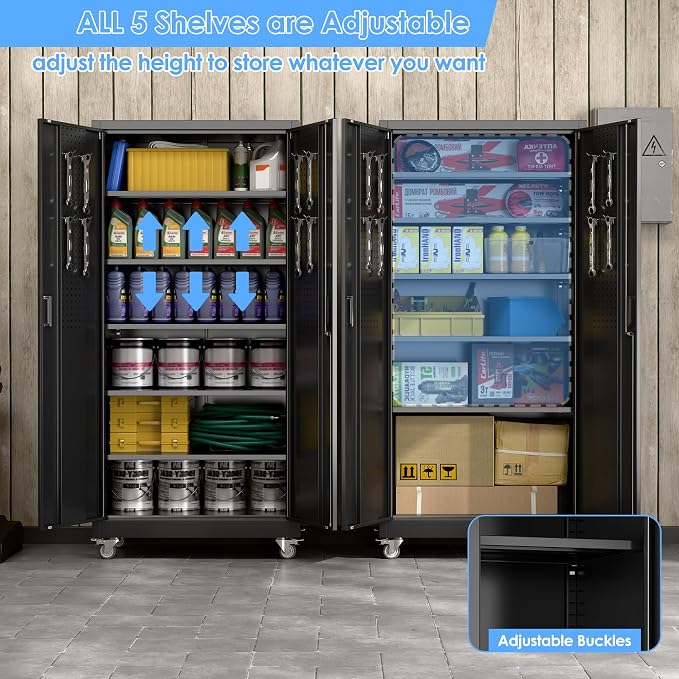 Aobabo Black Metal Garage Storage Cabinet with Wheels, 34"W x 18"D x 71"H | 5 adjustable shelves hold up to 170 lb each; 4 lockable casters and lockable doors organize tools and supplies.