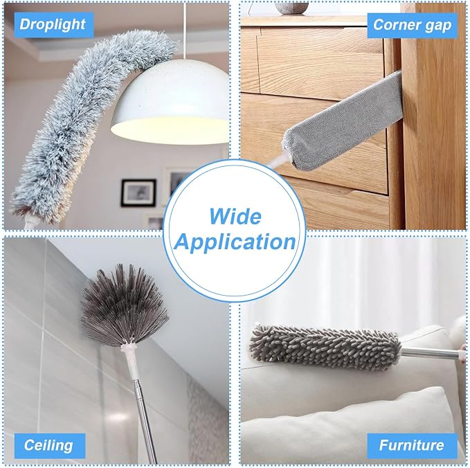 Duster with Extension Pole - Grey | 5-in-1 Kit Dusters for Cleaning, Extendable Duster with 100 Inches, Microfiber Dusters for Ceiling Fans, Furniture, Blinds