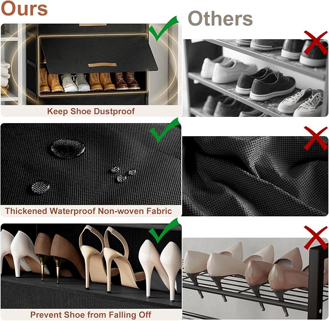 9 Tier Shoe Cabinet with Door, 36-Pair Storage, Black | Max capacity for large families. Door prevents dust & pet damage. Holds all shoe types. Easy connector assembly.