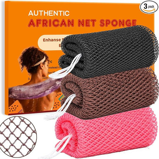 African Net Sponge Authentic Exfoliating Washcloth Body Back Scrubber 3 Pcs | 46 Inch Shower Loofah Exfoliating Bath Sponge for Women and Men Daily Use Body Care Travel Portable Accessories Spa Gifts