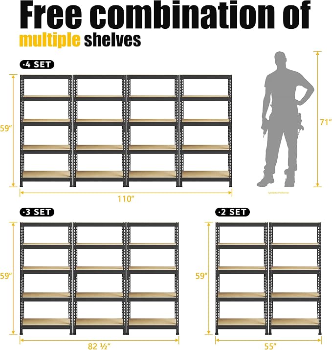 PrimeZone Storage Shelves 2 Pack 5 Tier Adjustable Garage Storage Shelving, Heavy Duty Metal Storage Utility Rack Organizer Shelf Unit for Warehouse Pantry Closet Kitchen Basement, Black