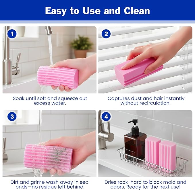 iKLYN 4 Pack PVA Cleaning Sponge, Super Absorbent Reusable Multi-Surface Damp Duster for Car Wash, Kitchen, Blinds, Vents, Mirrors - 4.5 x 2.4 x 1.8 Inches (Pink, Grey, Blue)
