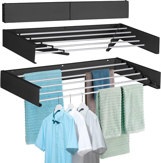 FOCHIER F Laundry Drying Rack Wall Mounted Clothes Drying Rack Collapsible with 5 Aluminum Rods and Drilling Template Long Screwdriver Bit 60 lbs Capacity (Black, 40")