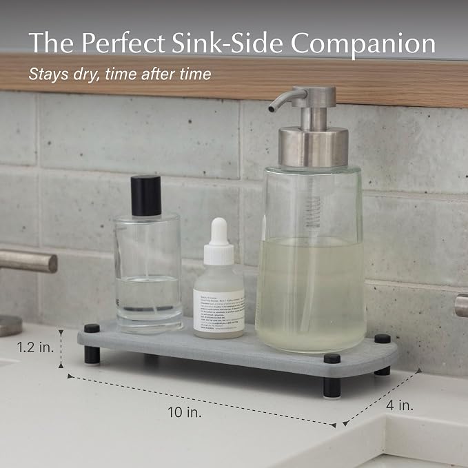 Dorai Home Stone Kitchen Sink Caddy - Diatomaceous Earth Sink Tray with Stainless Steel Feet, Water-Absorbing Countertop Organizer for Kitchen or Bathroom - Ash
