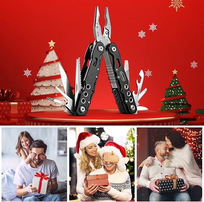 Multitool Pliers Pocket Knife, 14 in 1 Multi Tool Knife Pliers Saw Bottle Opener Safety Lock Nylon Sheath, Camping Hiking Gear Multitool for Camping Survival Hiking DIY, Gifts for Men Dad