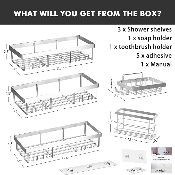 Moforoco Adhesive Shower Caddy Organizer Shelves Rack - 5 Pack Corner Bathroom Storage Organization, Home & Kitchen Decor Inside RV Accessories, Hanging First Apartment Household Camper Essentials