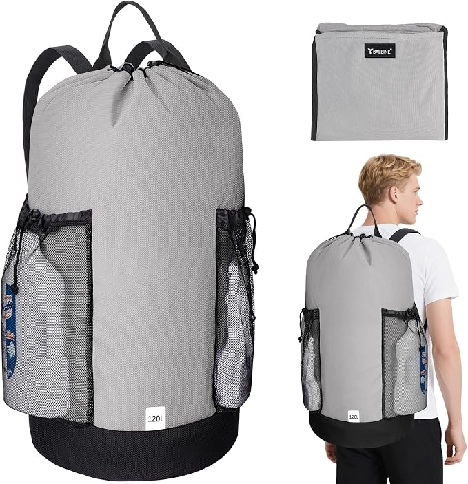 BALEINE 2PK 120L Laundry Bag Backpack, 900D Oxford Fabric Large Travel Laundry Bags with Shoulder Straps and 2 Mesh Pockets for College Dorm, Apartment, Laundromat (Gray, 120L)