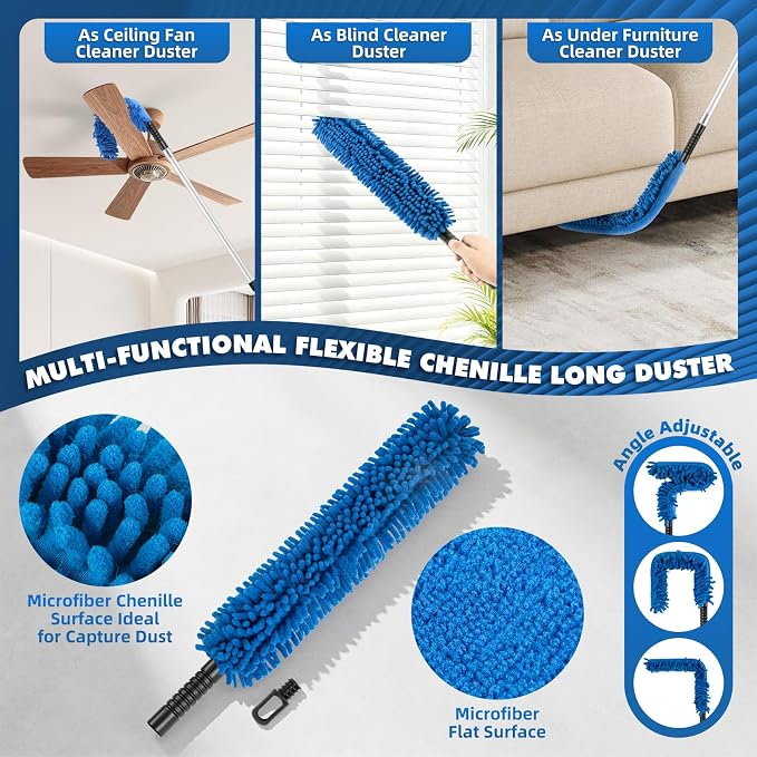 LOVECO Duster Kit with 3-12FT Extension Pole for High Ceilings Cleaning | 7 Pcs Include Cobweb Brush, Window Squeegee, Long Fan Duster, Wall Mop Head to Clean Dust, Hair & Cobweb on Various Surfaces