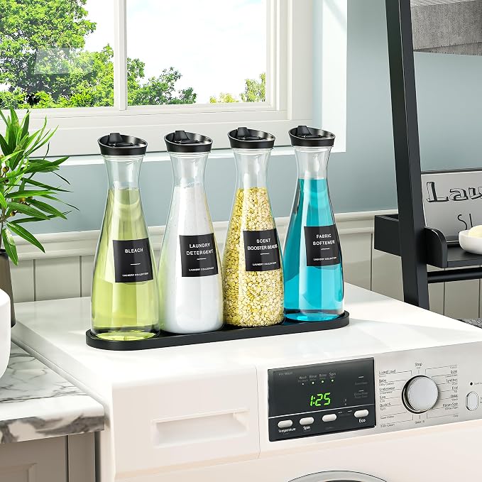 4 Pack Laundry Detergent Dispenser Container, 54OZ Laundry Soap Dispenser | with Tray, Black Laundry Room Organization for Powder, and Fabric Softener