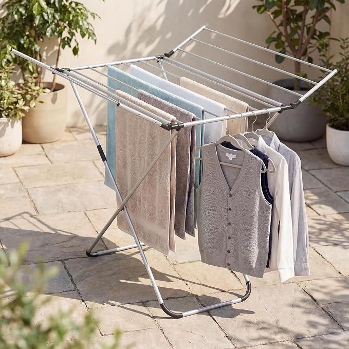 GOFLAME Clothes Drying Rack, Laundry Drying Rack with 2 Foldable Wings, 14 Drying Rods, Free-Standing Collapsible Laundry Airer for Clothes, Towels, Bed Linens, Indoor Outdoor Use, No Assembly Needed
