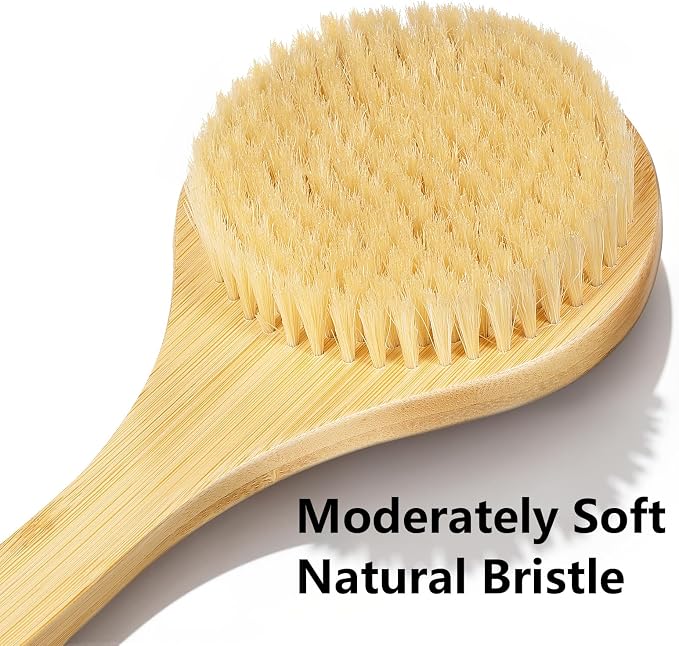 Back Scrubber Brush for Shower, 22" Curved Long Bamboo Handle Shower Brush, Antiskid Body Bath Brushes for Back Dry/Wet Brushing, Moderately Soft Natural Bristle Body Brush for Showering (Beige)