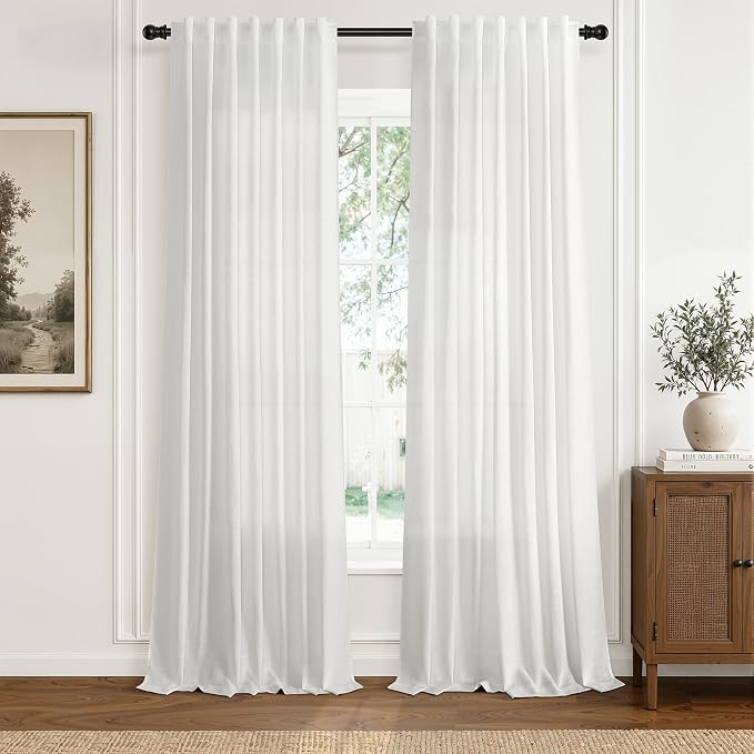 Hokibero Off White Linen Curtains 84 Inches Long for Living Room 2 Panels | Light Filtering Sheer Curtain, Back Tab Rod Pocket Pleated Look, Textured Privacy Drapes for Bedroom Window, Boho Farmhouse