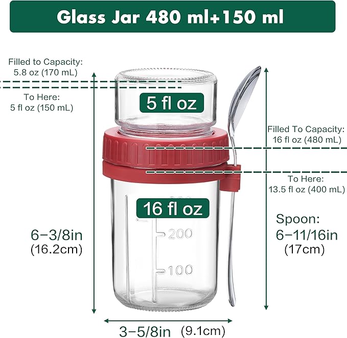 Danmu 4 Pack Overnight Oats Containers with Lids 21 oz (16+5),Dual-Layer Yogurt Parfait Cups with Lids,Meal Prep Containers Glass for Snack,Overnight Oats,Yogurt,Parfait,Salad Dishwasher Safe