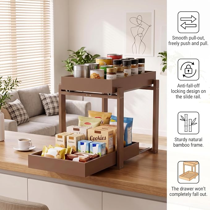 Bamboo Under Sink Organizer and Storage, 2 Pack Pull Out Cabinet Organization, 2 Tier Vertical Slide Out Undersink Storage Shelf, Multi-Purpose Organizer Shelves for Kitchen Bathroom Medicine