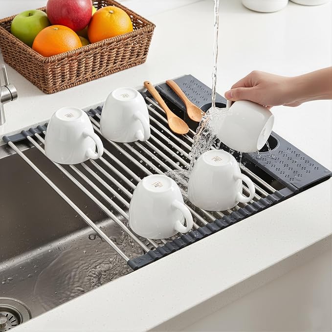 Roll Up Dish Drying Rack Over Sink, 17.5" x 15.2" Foldable SUS304 Stainless Steel Kitchen Dish Drainer, Heat-Resistant Multipurpose Rolling Sink Rack Organizer,Grey