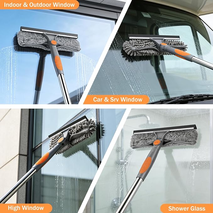 SetSail Window Squeegee with Extension Pole 2-in-1 Window Cleaning Kit Professional Window Cleaner Tool with Rotatable Head and 2 Scrubbers for Outdoor Indoor Car Windows Glass, Grey Orange