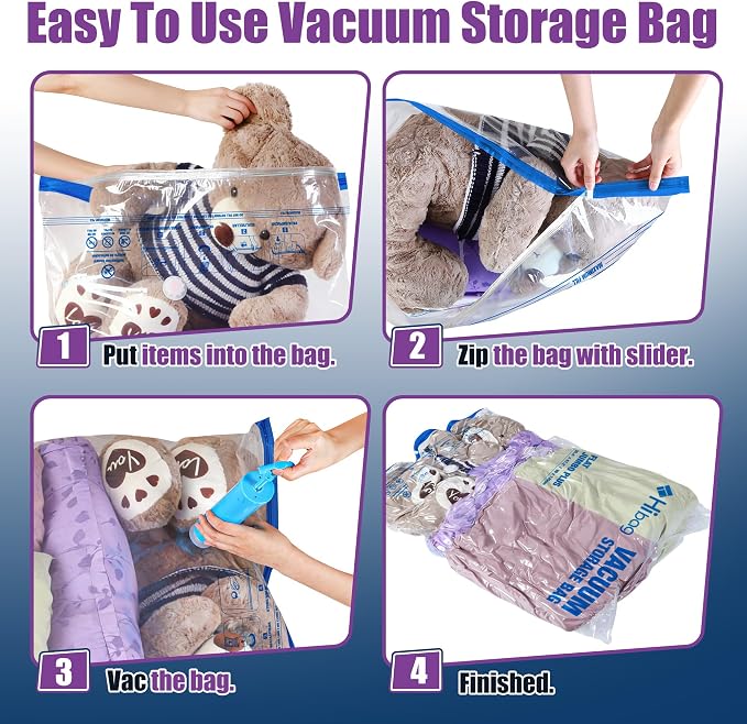XXL Jumbo Vacuum Seal Storage Bags Extra Large for Clothing Bedding | 47''X35'', Airtight Triple Seal, Save 80% Space, Hand Pump, Work with Vacuum, Double Zip, Reusable, Easy to Use, 8 pack