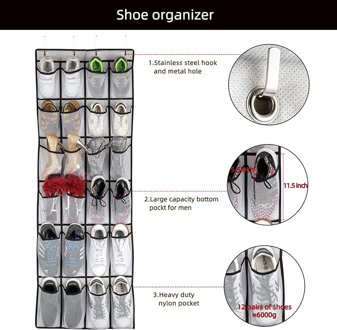 SAVERHO Hanging Shoe Organizer, Over The Door Shoe Organizer with 24 Mesh Large Pockets Door Shoe Rack for Men Women Kids Hanging Door Shoe Holder Size:58x21 Inch (White-2pack)